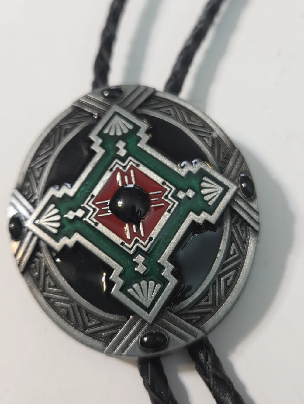 Southwestern-Inspired Black Bolo Tie with Green and Red Accent 40in unisex